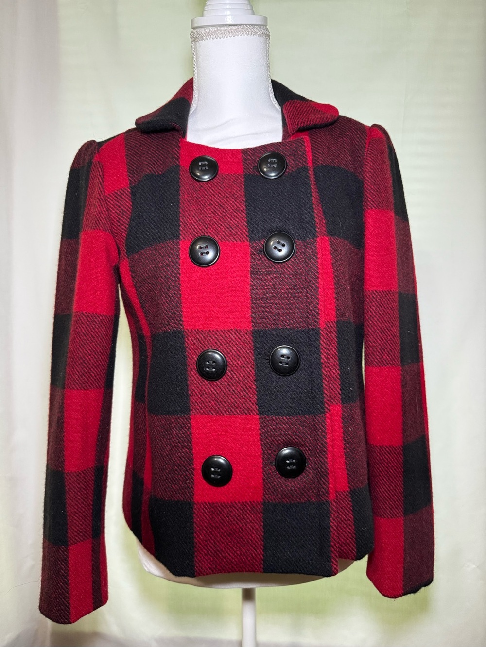 Relativity Red & Black Plaid Double-Breasted Pea Coat